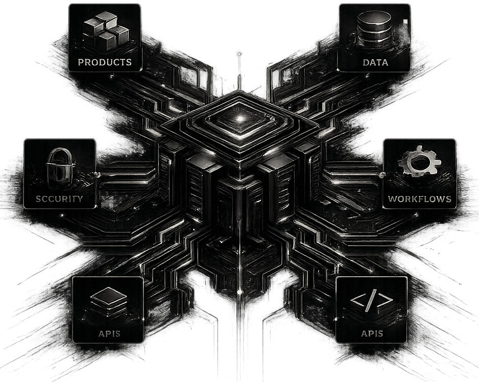 Isometric render of a unified infrastructure core linking products, data, security, workflows and APIs.