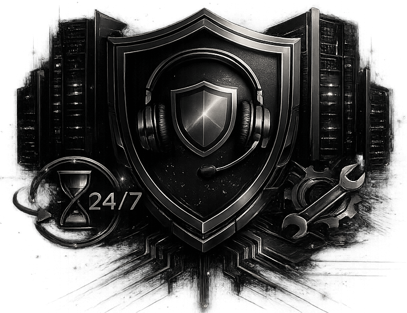 Render of a 24/7 engineering support shield with a headset and tools backed by server racks.
