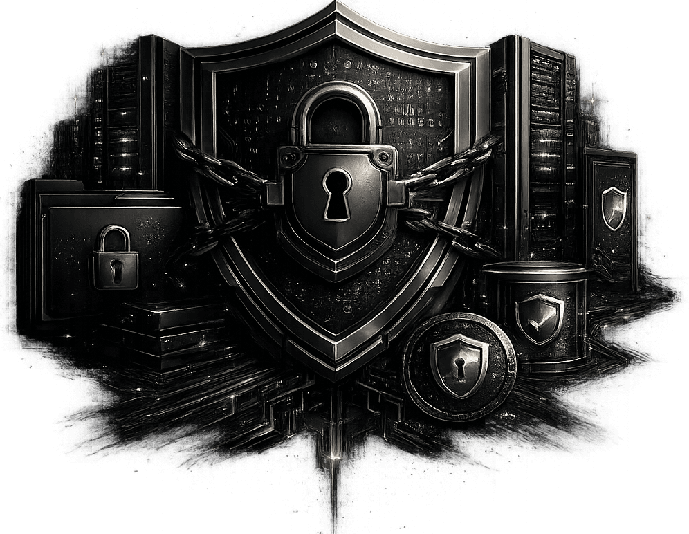 Render of a hardened security vault: a padlock shield wrapped in chains over encrypted server racks.